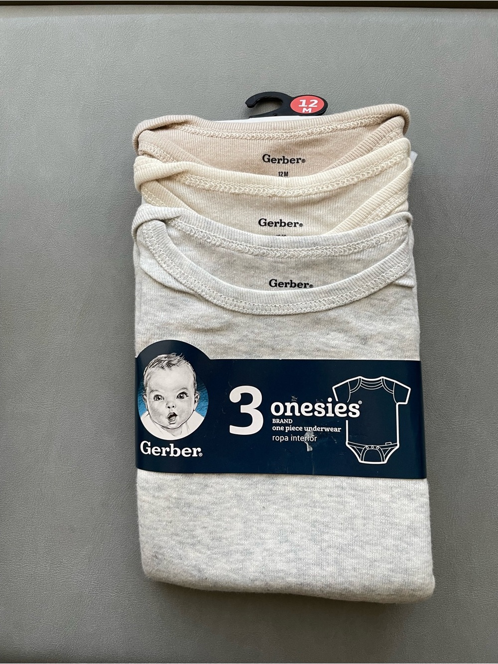 NWT Gerber 3-Pack Onesies in Cream, Off-White, and Light Gray Size 12M